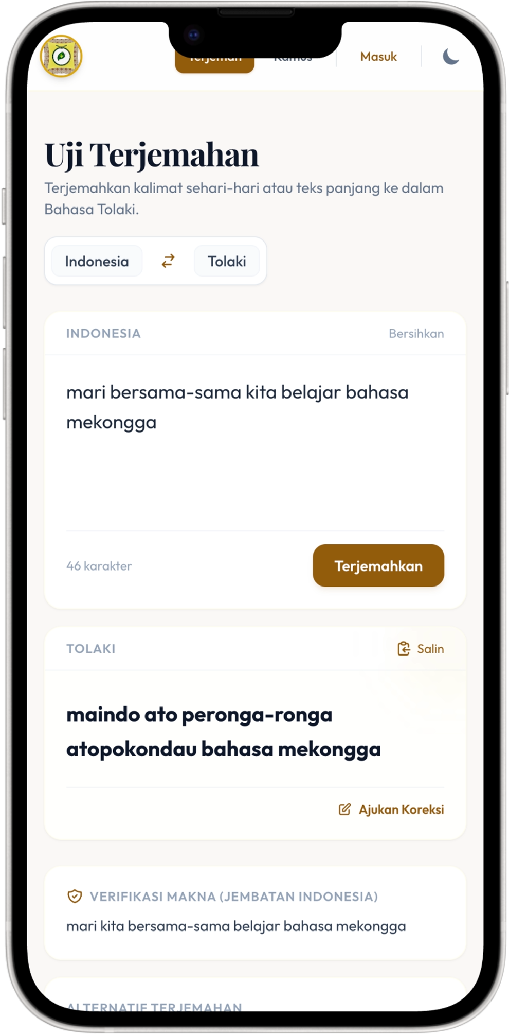 Tampilan aplikasi Kamus Tolaki Mekongga
